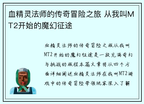 血精灵法师的传奇冒险之旅 从我叫MT2开始的魔幻征途